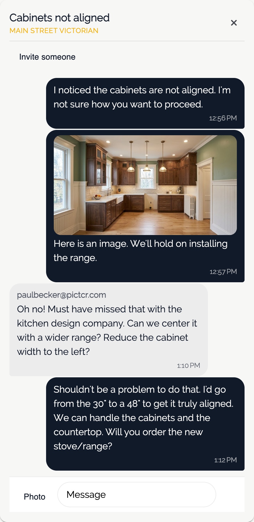 A PictCR conversation titled Cabinets not aligned, filed under Main Street Victorian. One person sends a photo of the kitchen, the other asks to center a wider range, and the first agrees to go from a 30 inch to a 48 inch range.