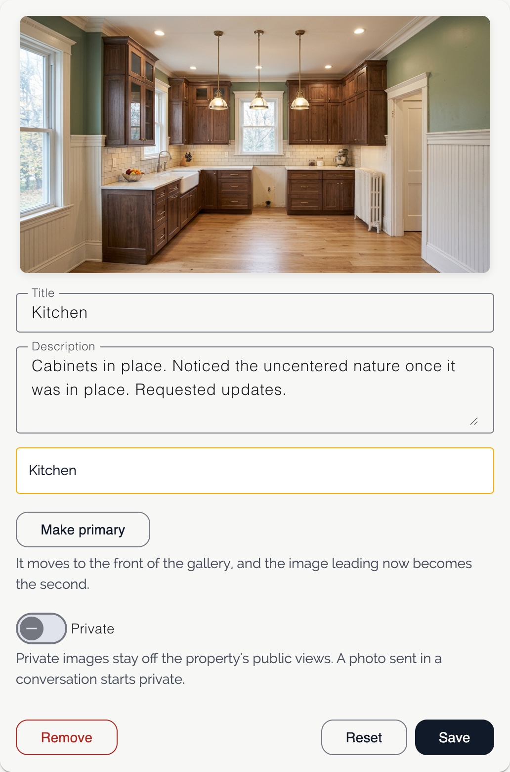 The PictCR image editor showing a photo of a kitchen with new cabinets, its title, a description, the Kitchen area it is filed under, a Make primary button, a Private switch, and Remove, Reset and Save buttons.