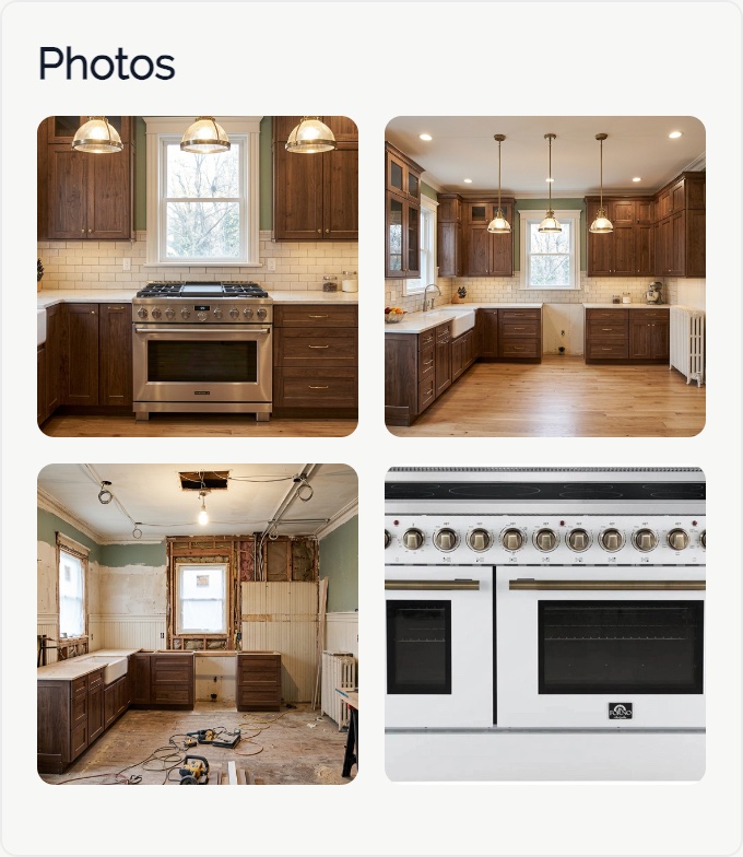 The Photos section of a Kitchen Remodel project in PictCR, showing four assigned photos: the finished kitchen, a second view of it, the kitchen during demolition, and a new range.