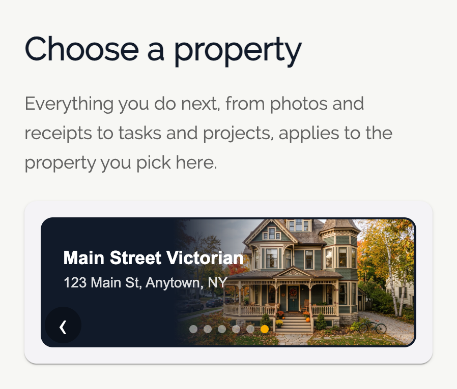 The Choose a property screen in PictCR, showing a Victorian house named Main Street Victorian at 123 Main St, Anytown, NY.