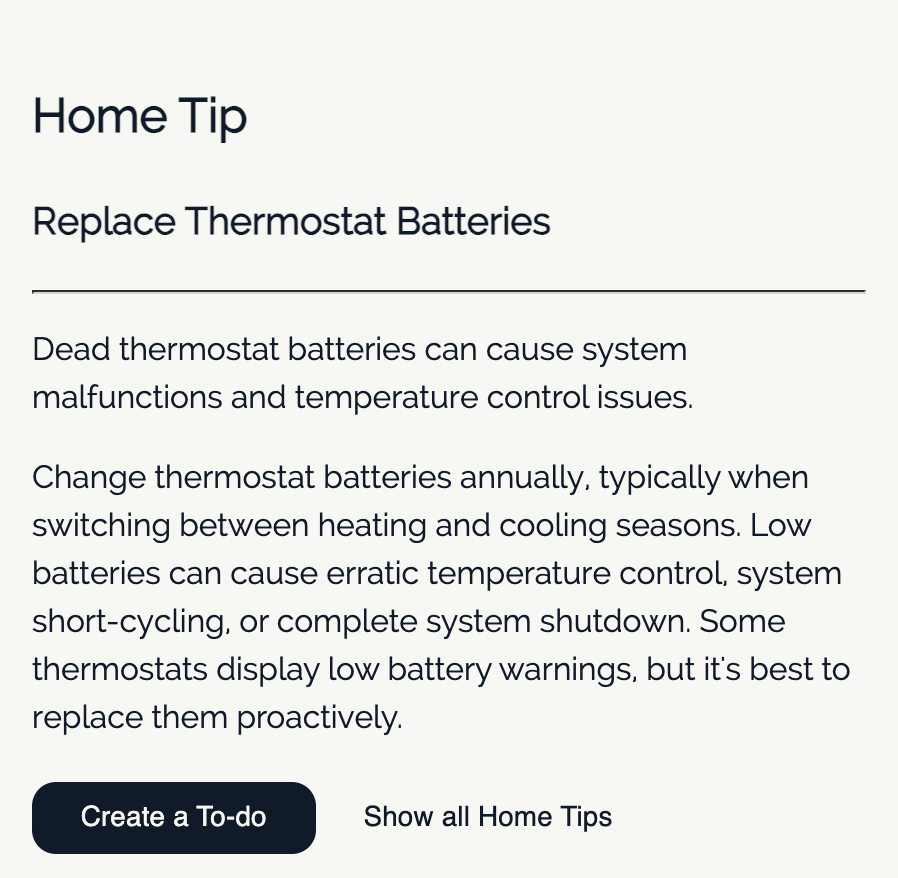 A PictCR home tip titled Replace Thermostat Batteries, with its summary and description, a Create a To-do button and a link to show all home tips.