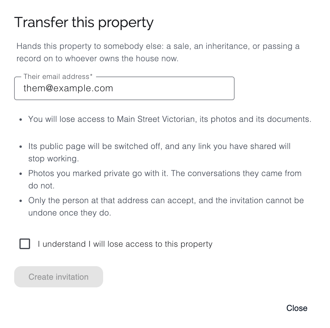 The Transfer this property dialog in PictCR for Main Street Victorian, with a field for the new owner's email address and a list of what changes when the property changes hands.